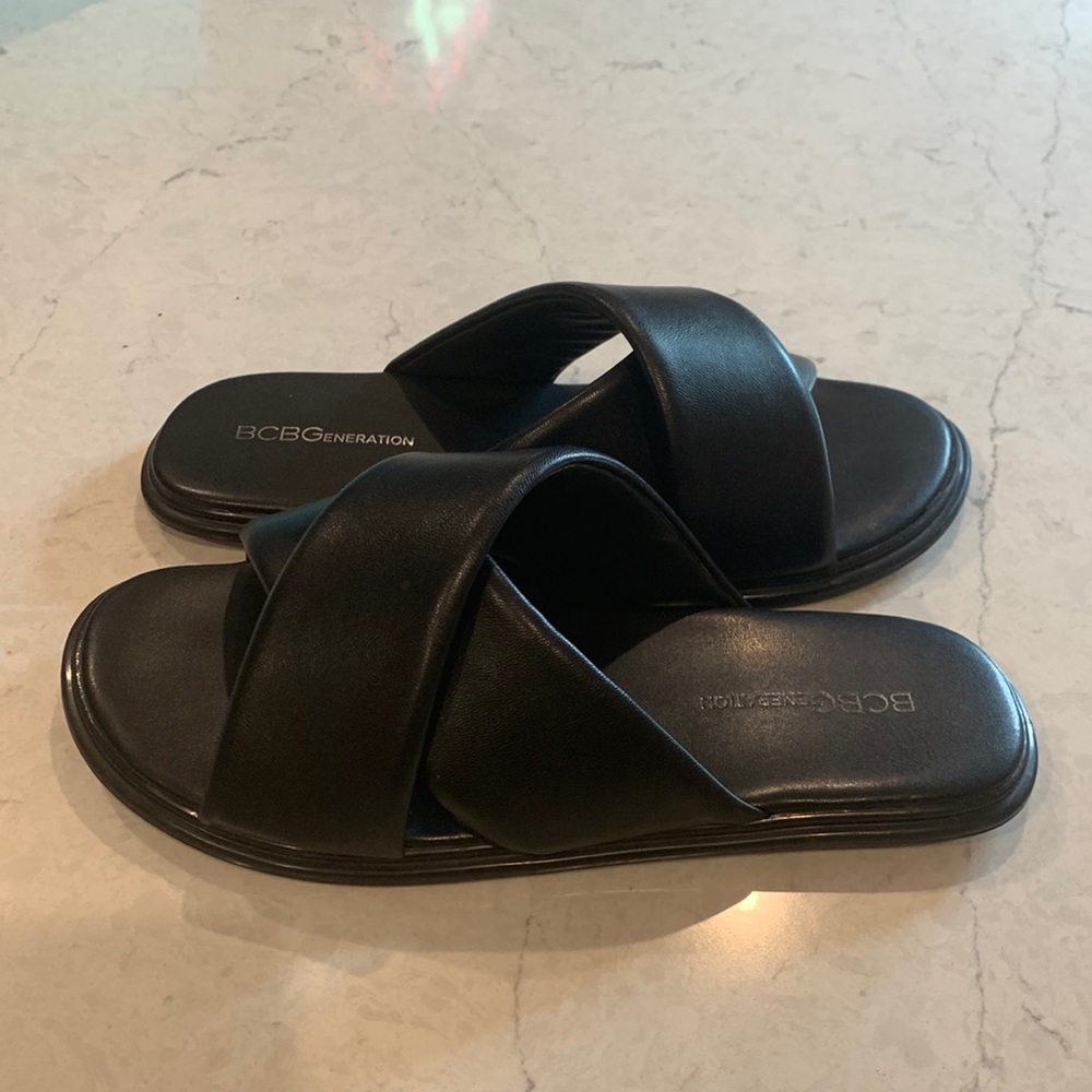 BCBG Black faux leather sandals/slides